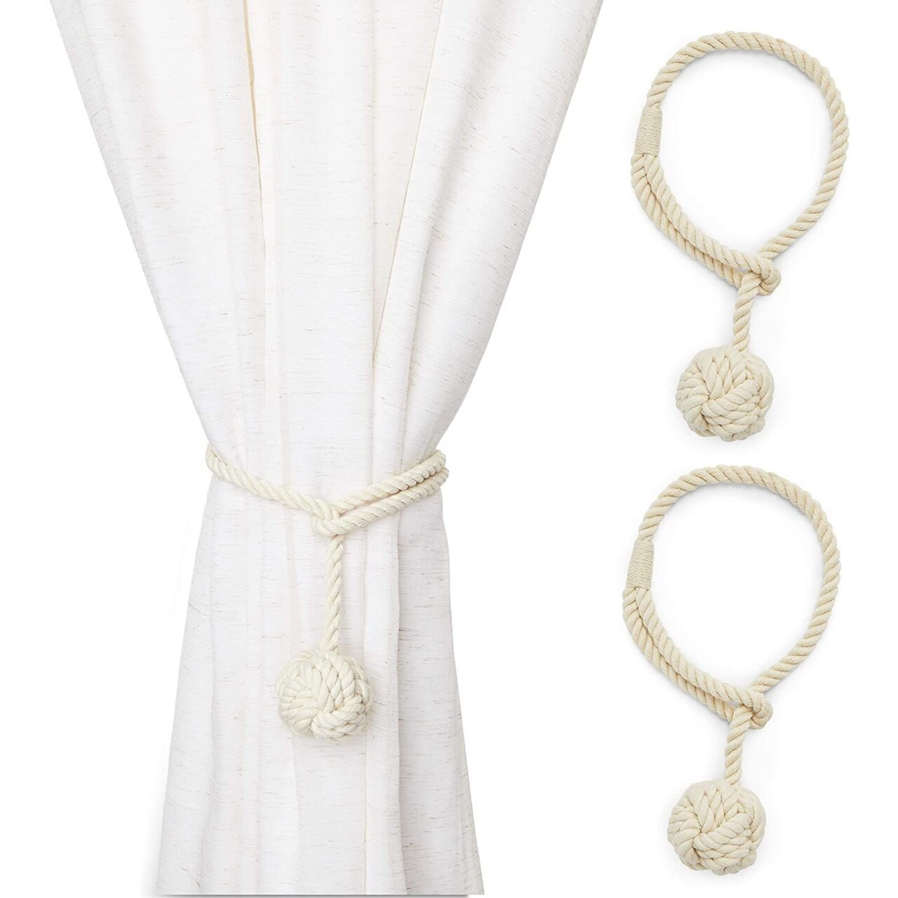 Beige Rope Curtain Tiebacks, Holdbacks for Drapes (20 Inches, 2 Pack)